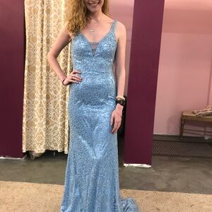 Sherri Hill Powder Blue Lace Prom Gown with Plunge V-Neck